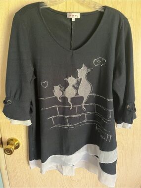 Le Grenier Kitty Cat Crystal Knit Pull Over Too Sz Large Adorable!